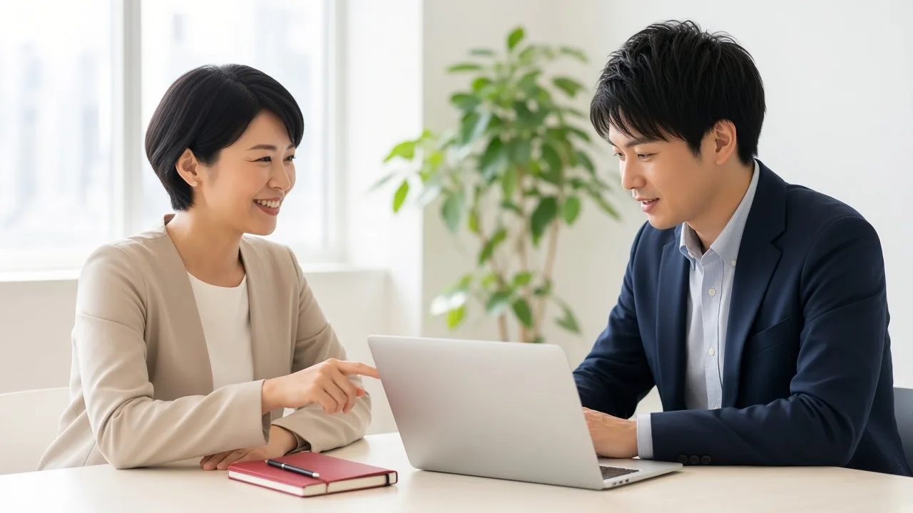 先輩社員が画面を指しながら、同僚と一緒に使い方を確認している様子